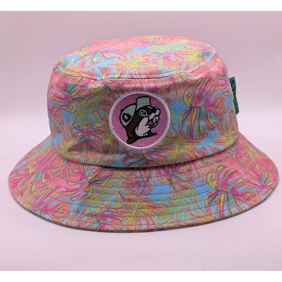 Buc-ee’s Adult Bucket Hat Beavers Pink Blue Palm Leaf Neon Colorful Rainbow - Picture 2 of 5